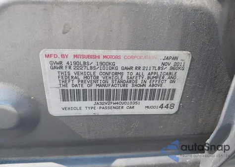 2012 Mitsubishi Lancer Se from USA, damaged, VIN JA32V2FW4CU010351